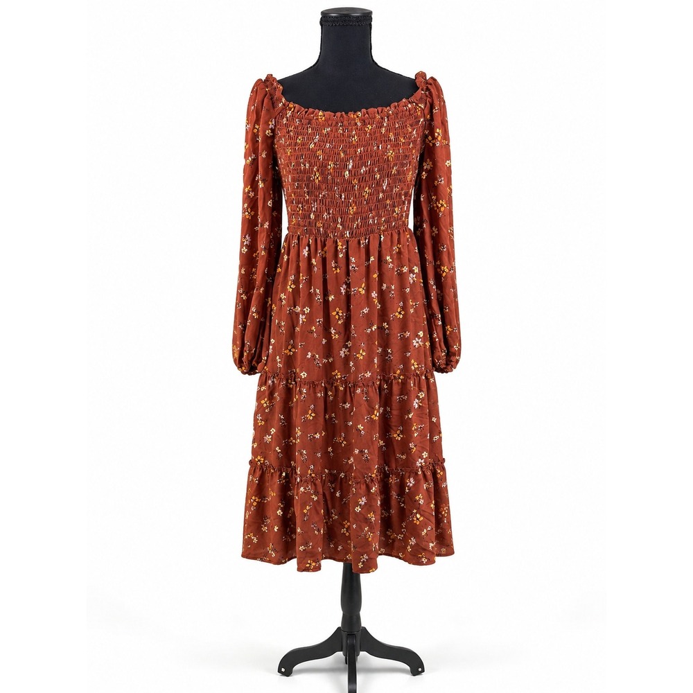 A.U.W. Women's Large Rust Floral Smocked Cottagecore Tiered Midi Dress